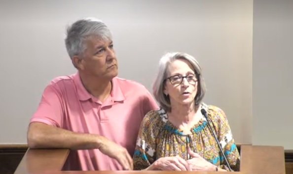 Charles and Debbie Deborah speak at the March 27 Katy City Council meeting.
